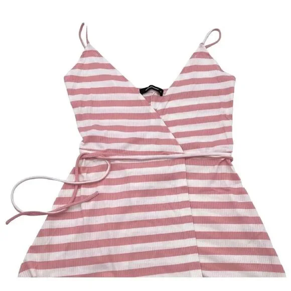 Olivaceous Wrap Midi Dress Pink and White Ribbed Summer Dress Tie Waist Womens S - Picture 4 of 8